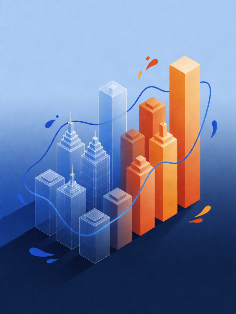 Mixcodev brand illustration: an isometric skyline rendered as a rising bar chart, warm buildings against a cool sky.
